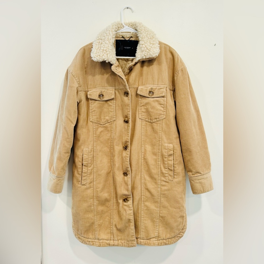 LUCKY BRAND Women’s Tan Corduroy Sherpa + Satin Lined Button Down Coat S…